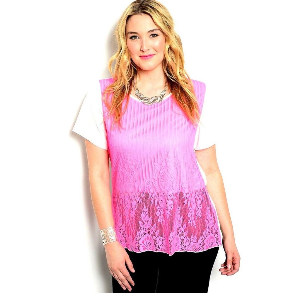Angela Ladies Tunic Top White Pink Lace-Overlay Plus Size 3XL NWOT